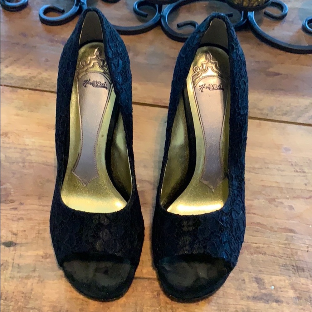 Hale Bob black peep toe lace heels
